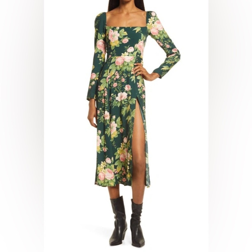 Reformation Floral Long Sleeve Dress in Green and Pink